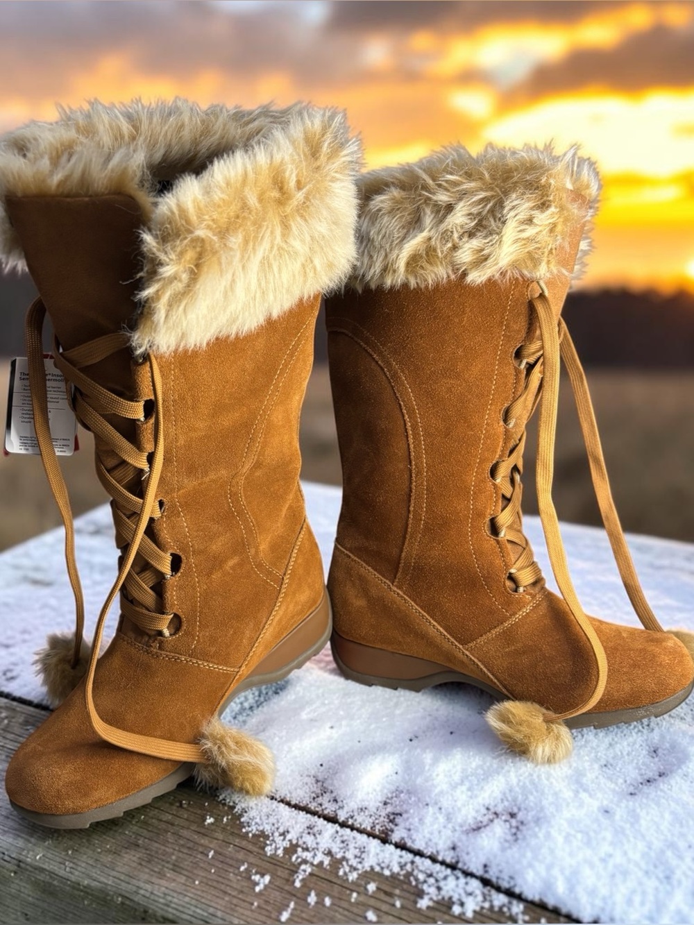 Sporto Waterproof Winter Knee High Suede Boots Woman 10 W Brown Faux Fur Trim